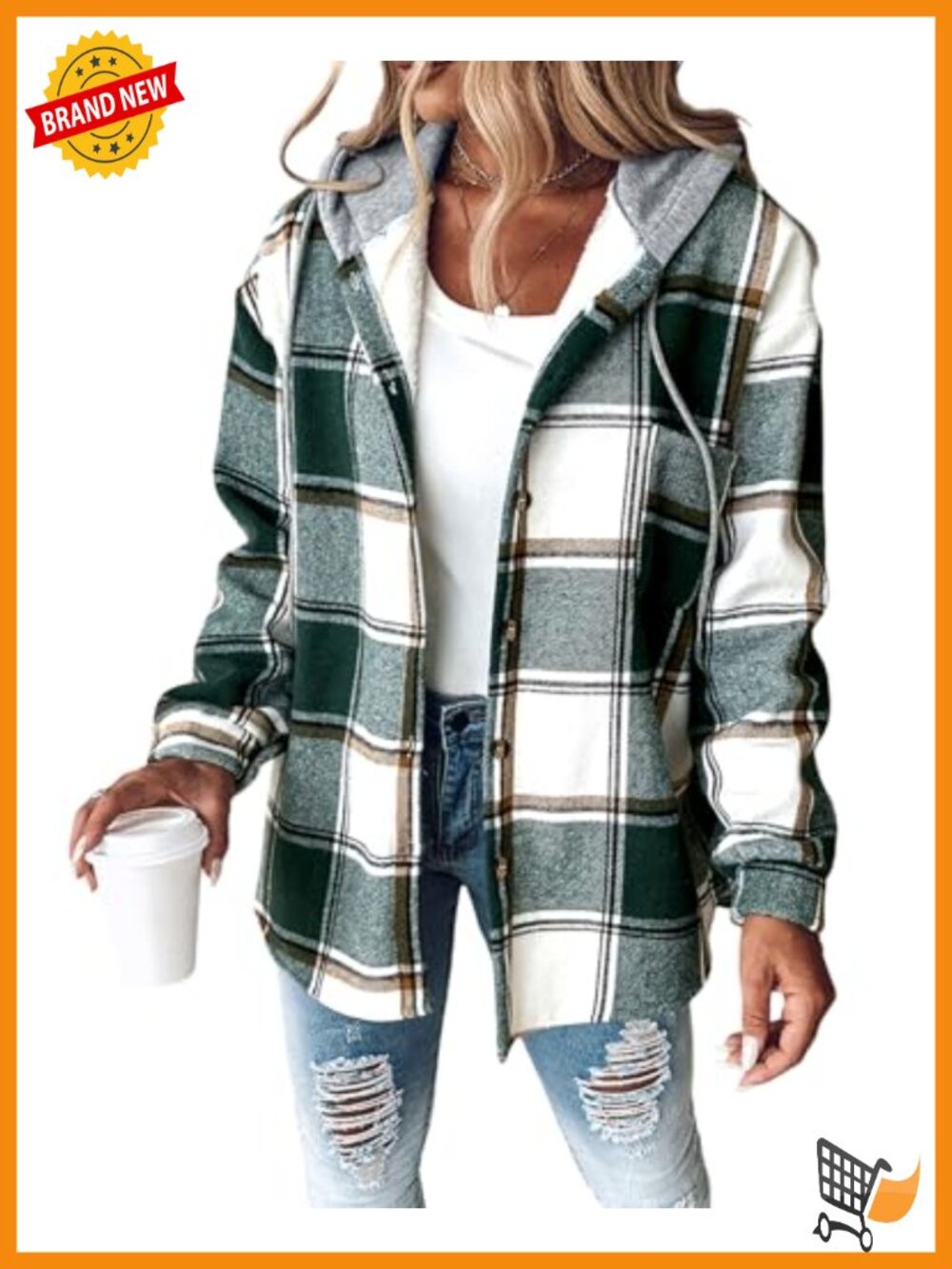 CHICME Women's Plaid Hooded Fleece Lined Shacket Button Down Jacket